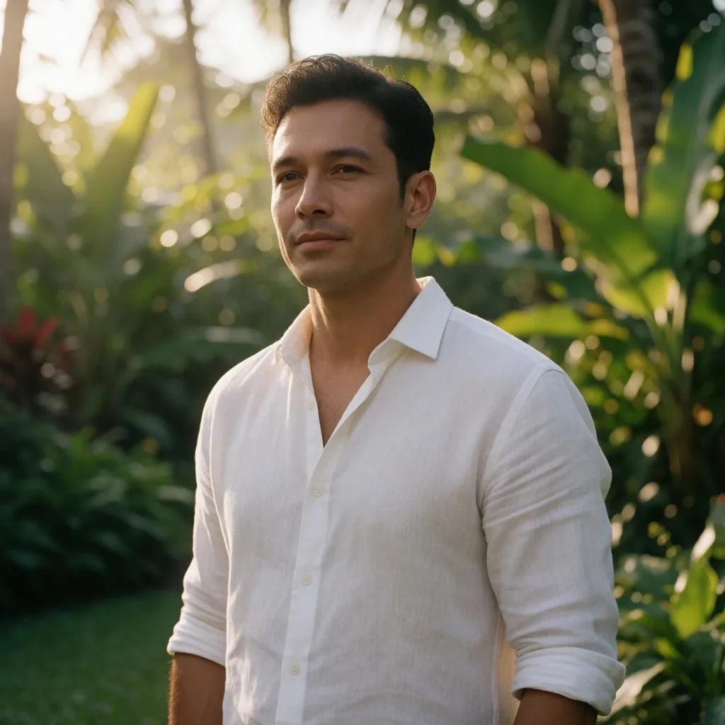 Active man in a tropical garden at morning