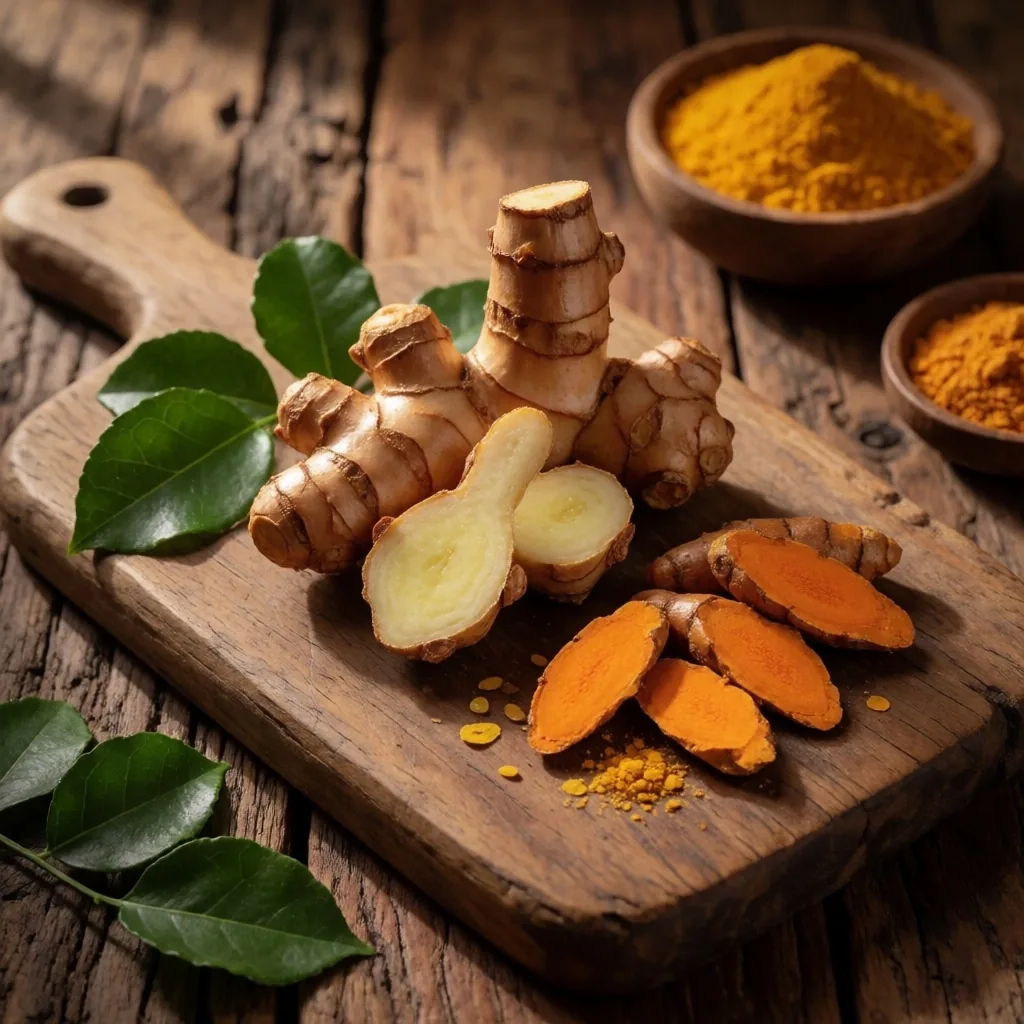 Fresh Indonesian botanical ingredients on a teak board