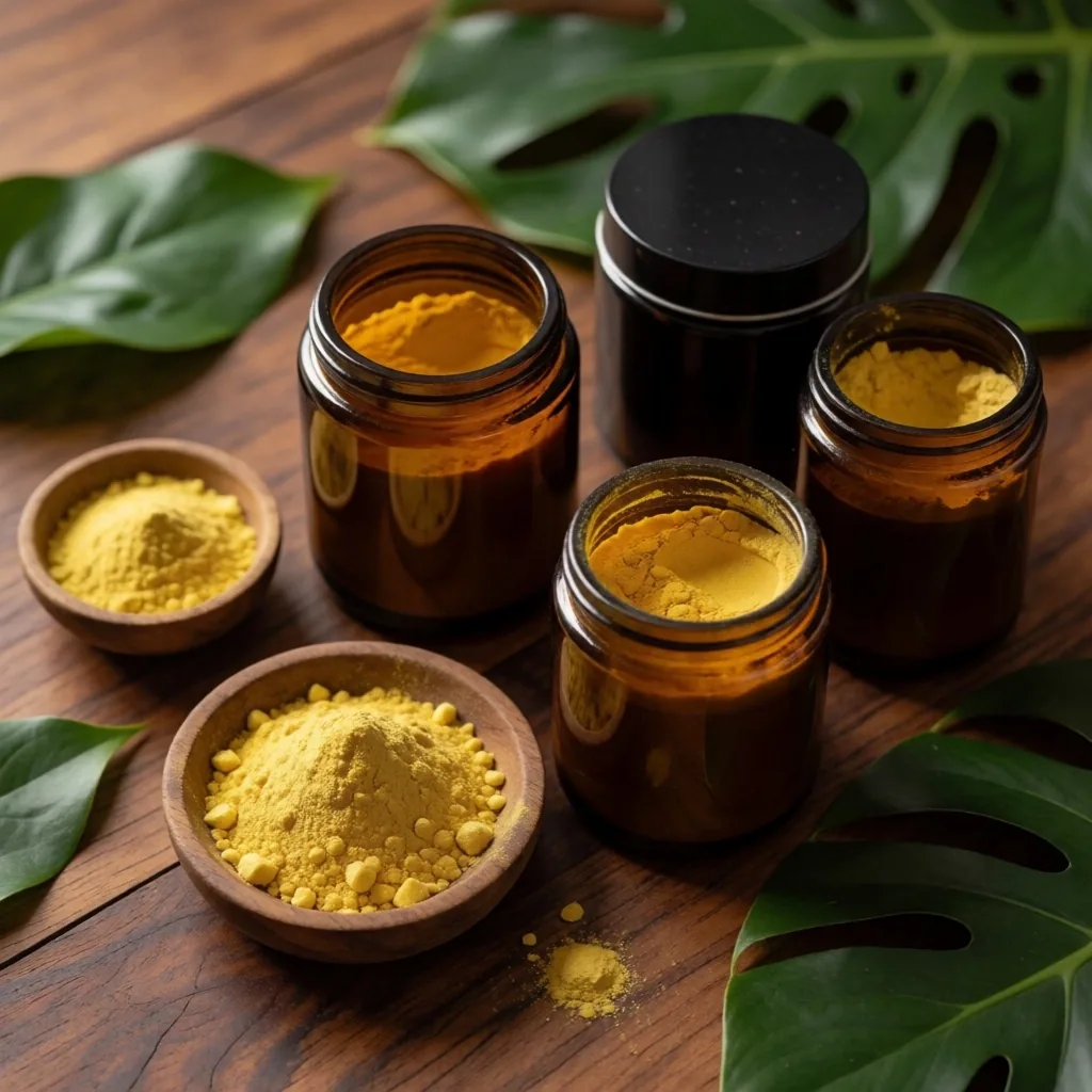 Natural supplement products arranged on teak surface