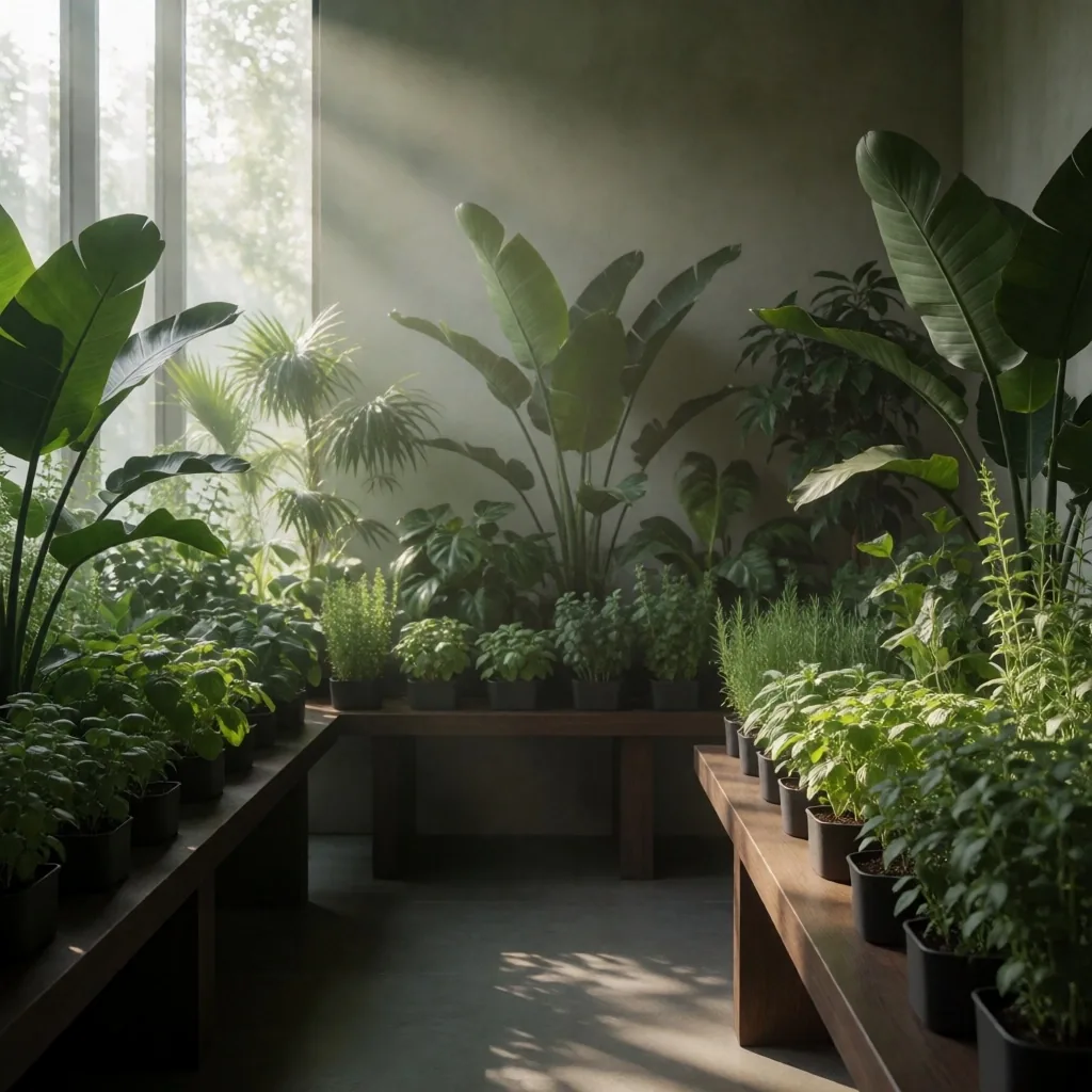 Sunlit tropical conservatory interior at dawn with botanical specimens on teak shelving