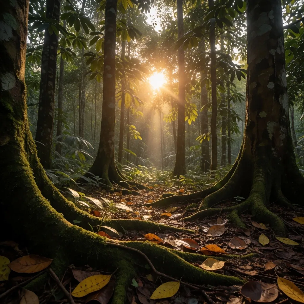Forest floor with golden morning light