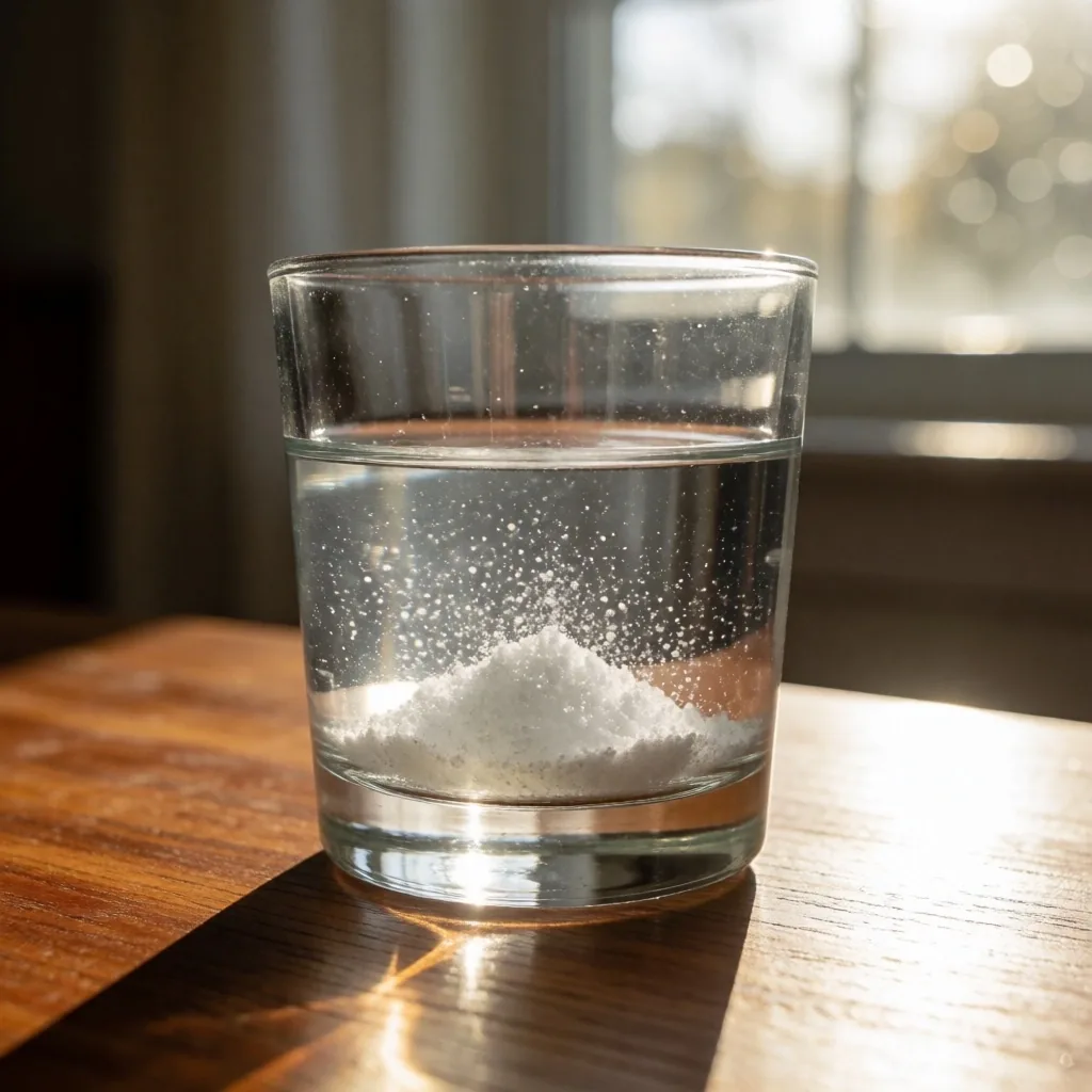 Glass of water with electrolyte powder on teak wood table
