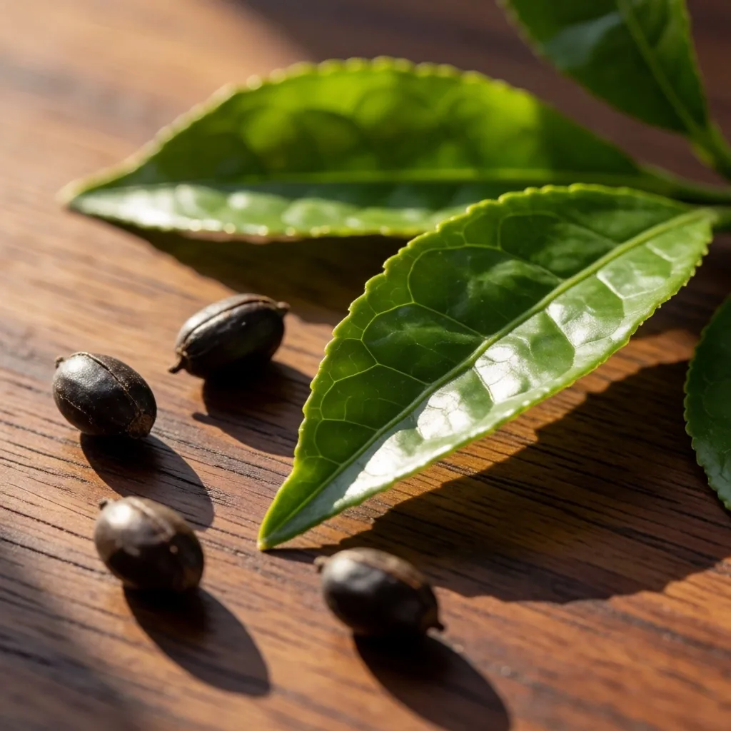 Green tea leaves and guarana seeds on teak wood in morning light