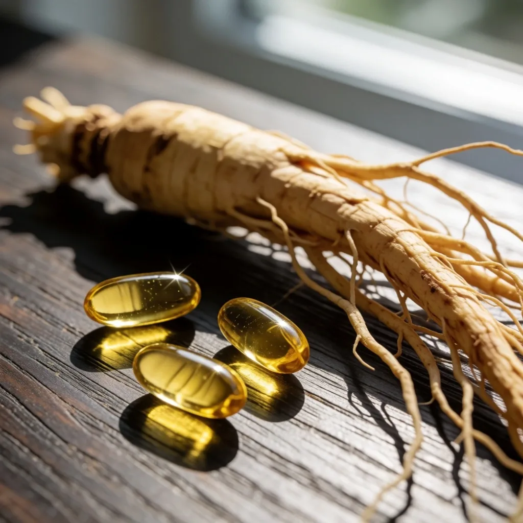Natural energy supplement capsules resting on sunlit teak wood