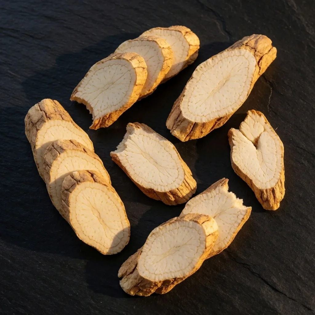 Sliced ginseng roots arranged on a dark surface
