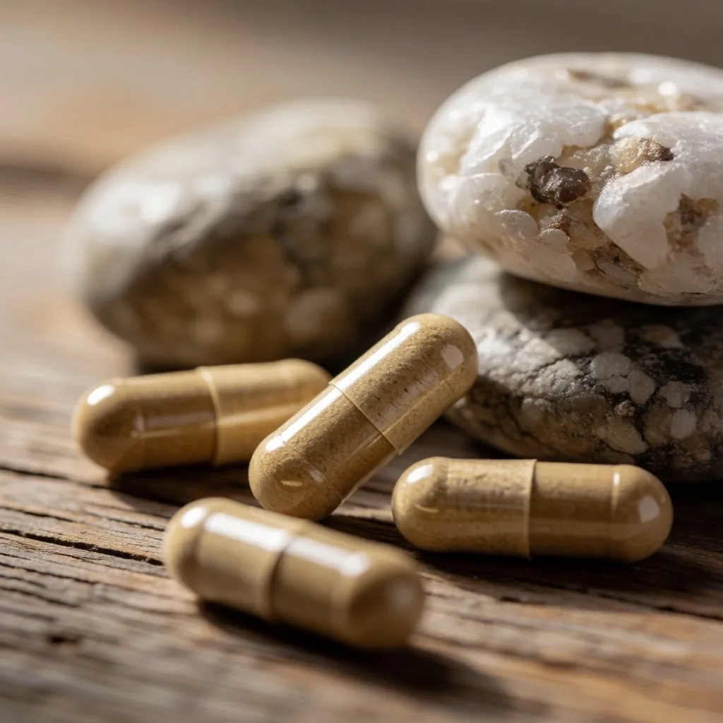 Natural botanical capsules on teak wood under morning light