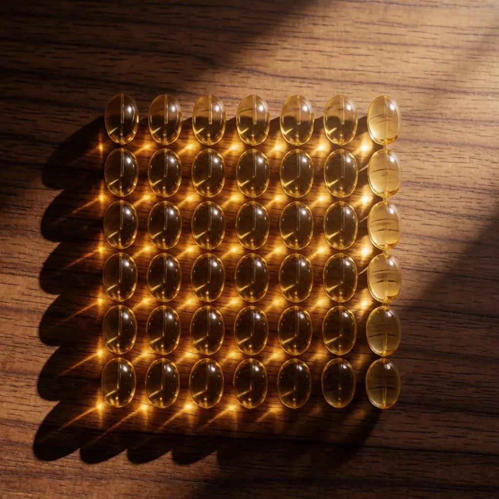 Natural capsules arranged on teak wood