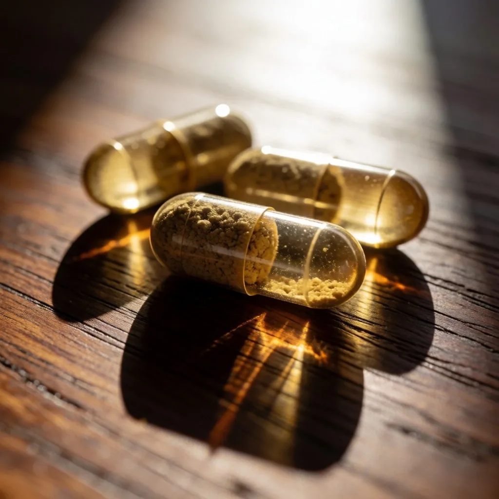 Natural botanical capsules on teak surface in sunlight