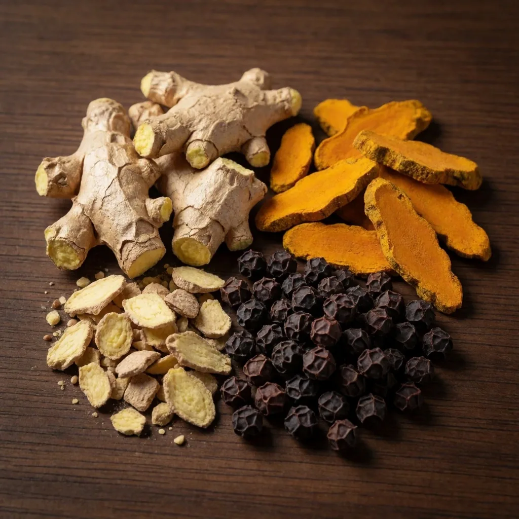 Dried botanical ingredients on a dark wood surface