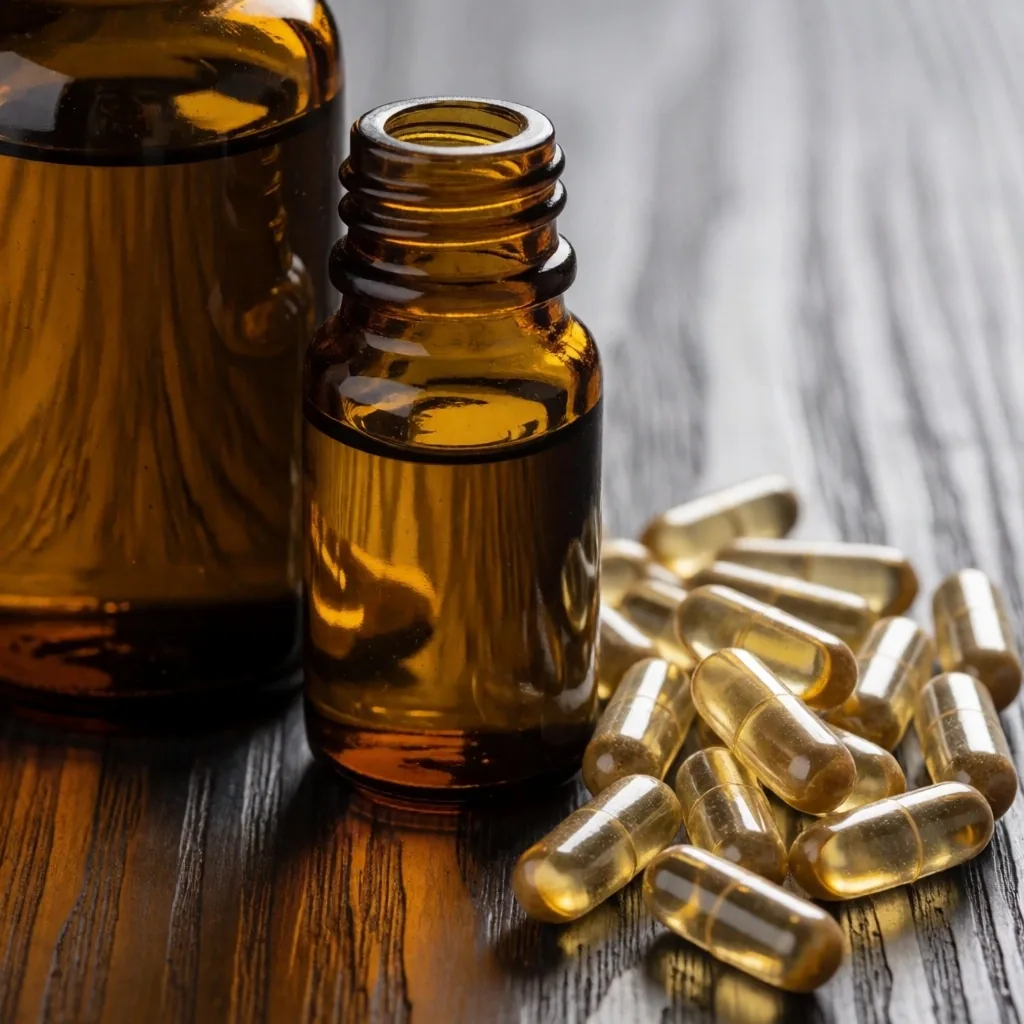 Natural supplement capsules in amber bottles on dark wood