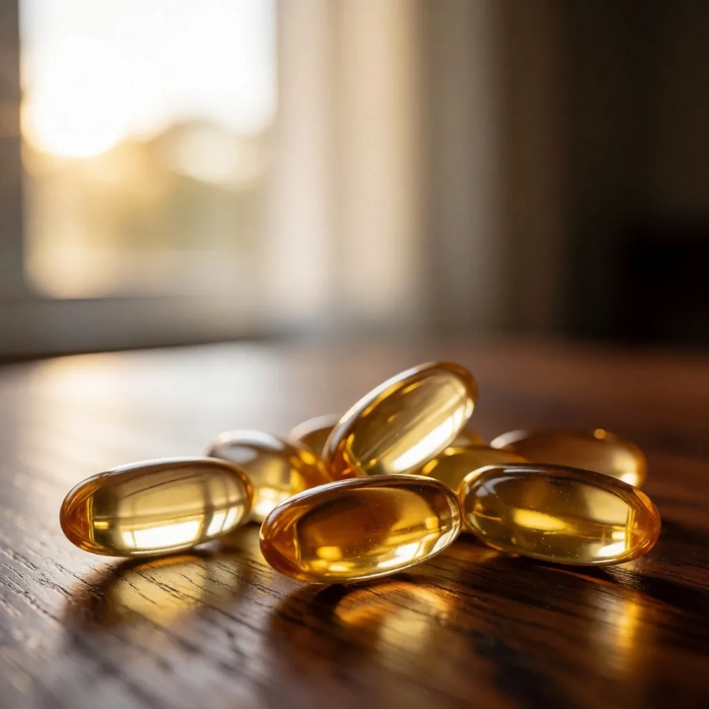 Natural supplement capsules on teak wood