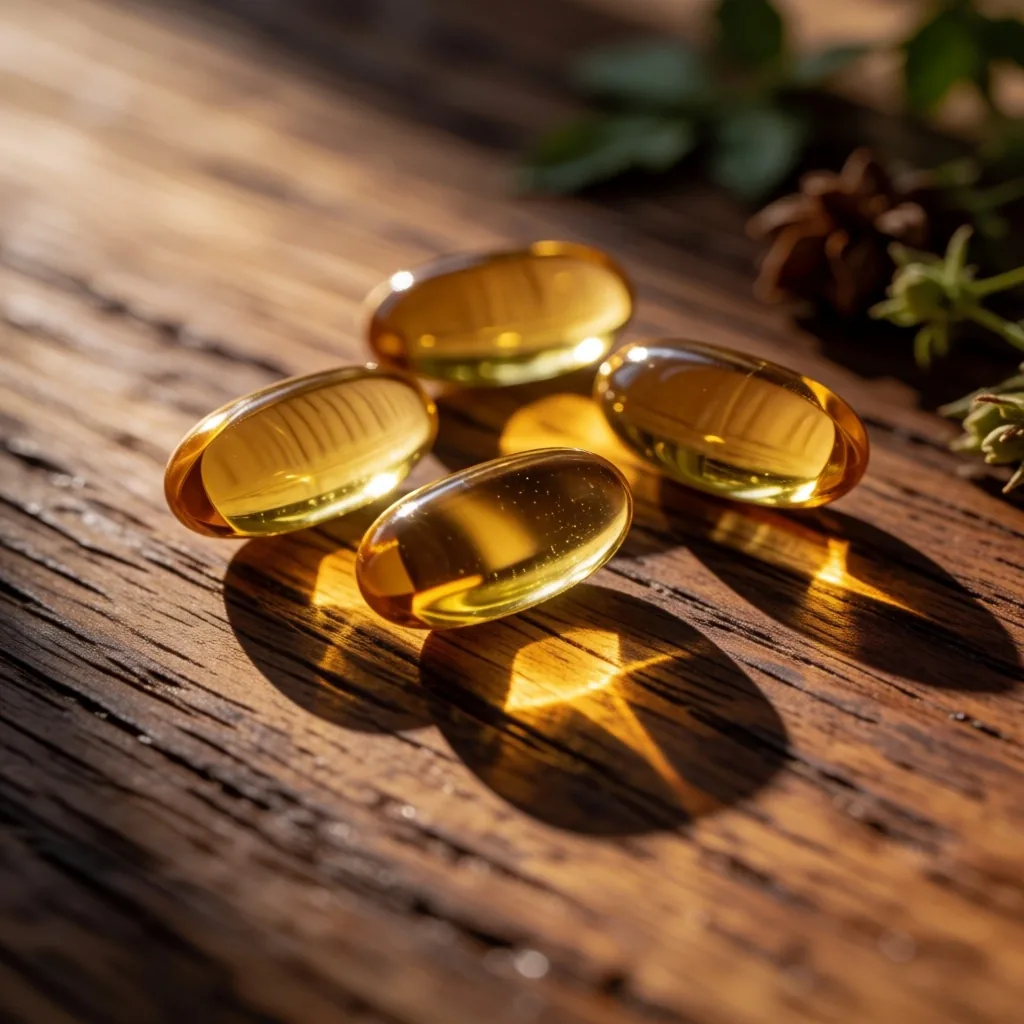 Natural supplement capsules on teak wood