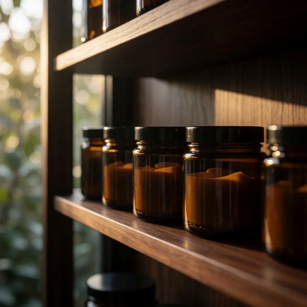 Stored supplement jars on a dark wooden shelf