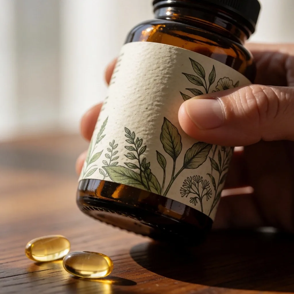 Supplement bottle with label on teak wood surface