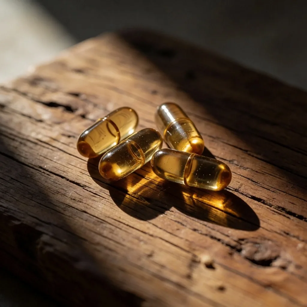 Natural capsules on teak wood under morning light
