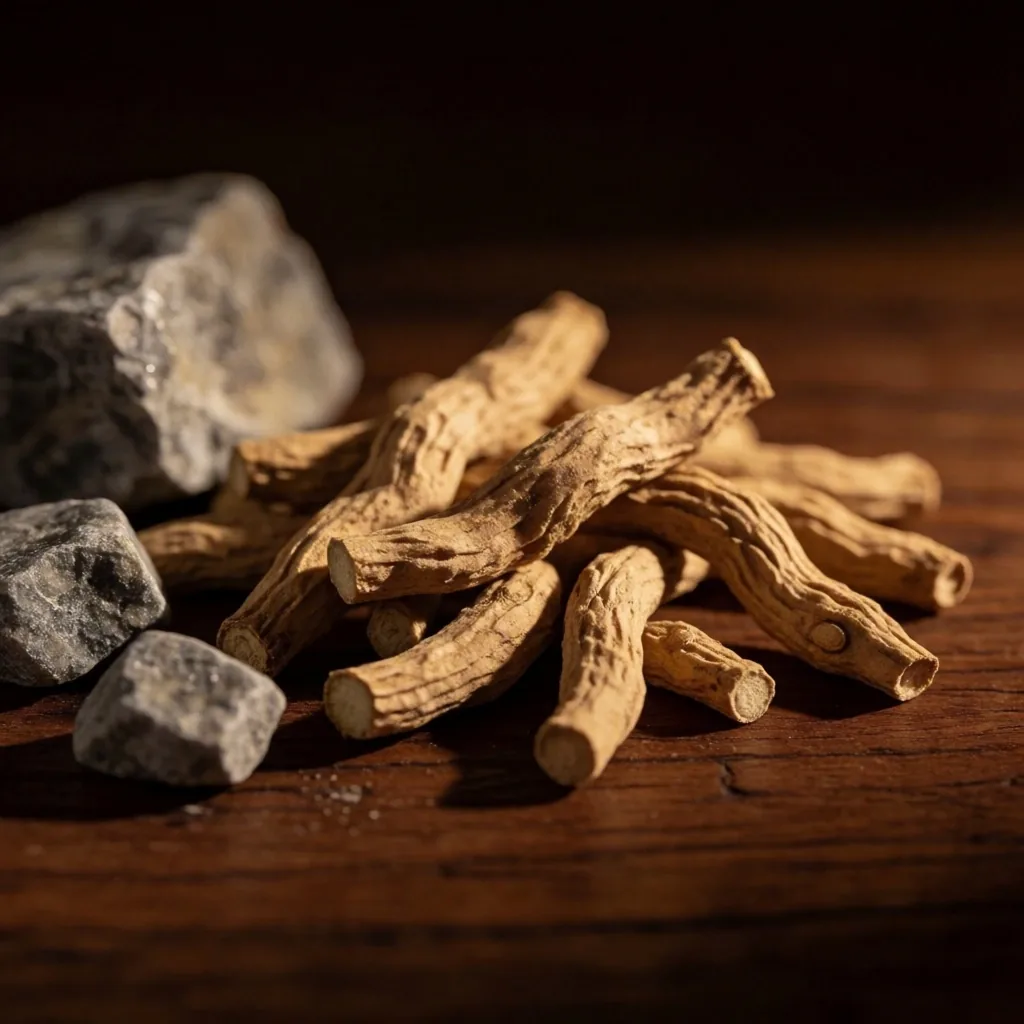 Wild-crafted herbs and mineral deposits on teak