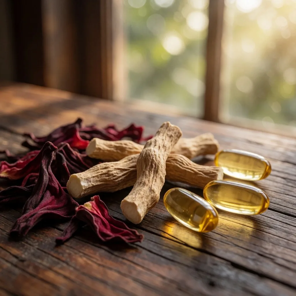 Natural supplement ingredients on teak wood in morning light