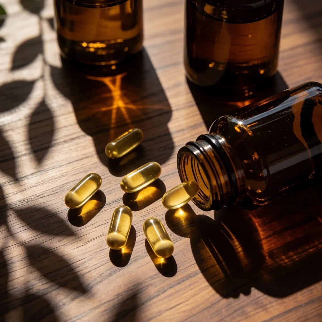Supplement bottles and yellow capsules on teak wood